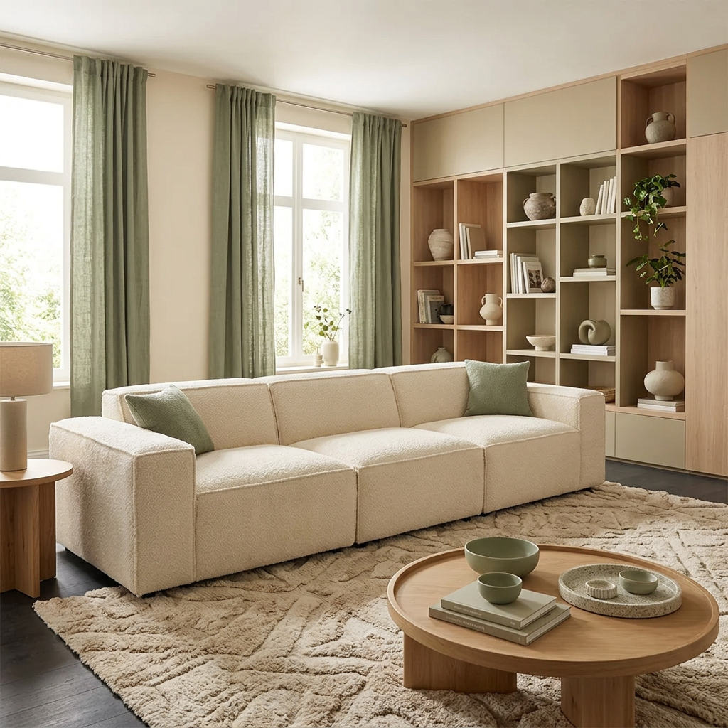 A fully expanded plush cream sofa styled in a warm minimalist living room.